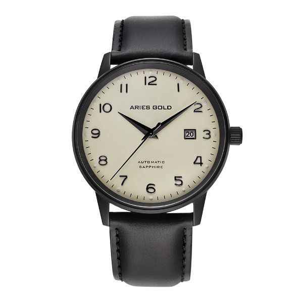 ARIES GOLD AUTOMATIC INFINUM ODYSSEY BLACK STAINLESS STEEL G 9010 BK-BEI LEATHER STRAP MEN'S WATCH